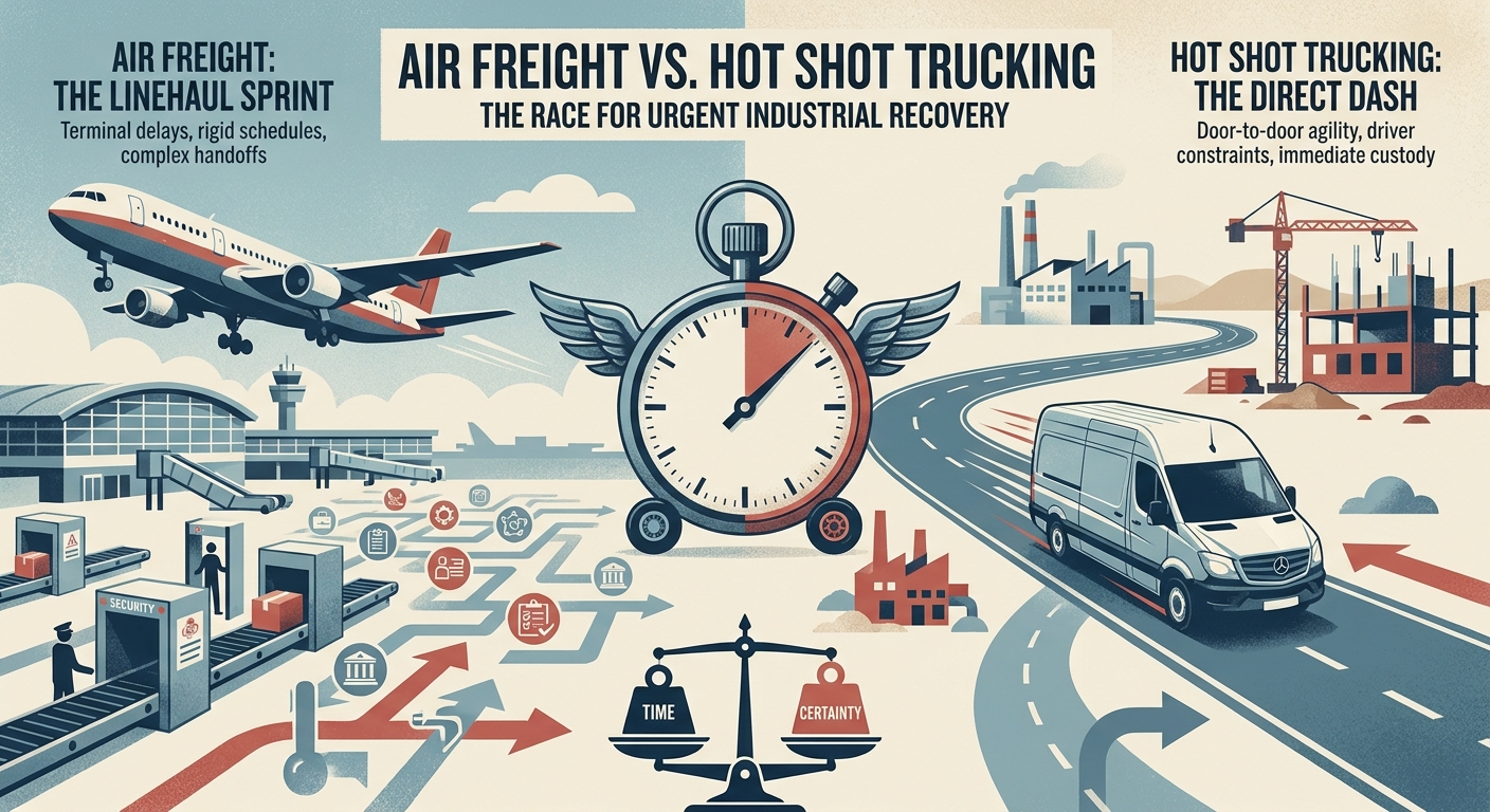 Cargo aircraft on an airport ramp beside an expedited pickup truck used for urgent industrial freight decisions