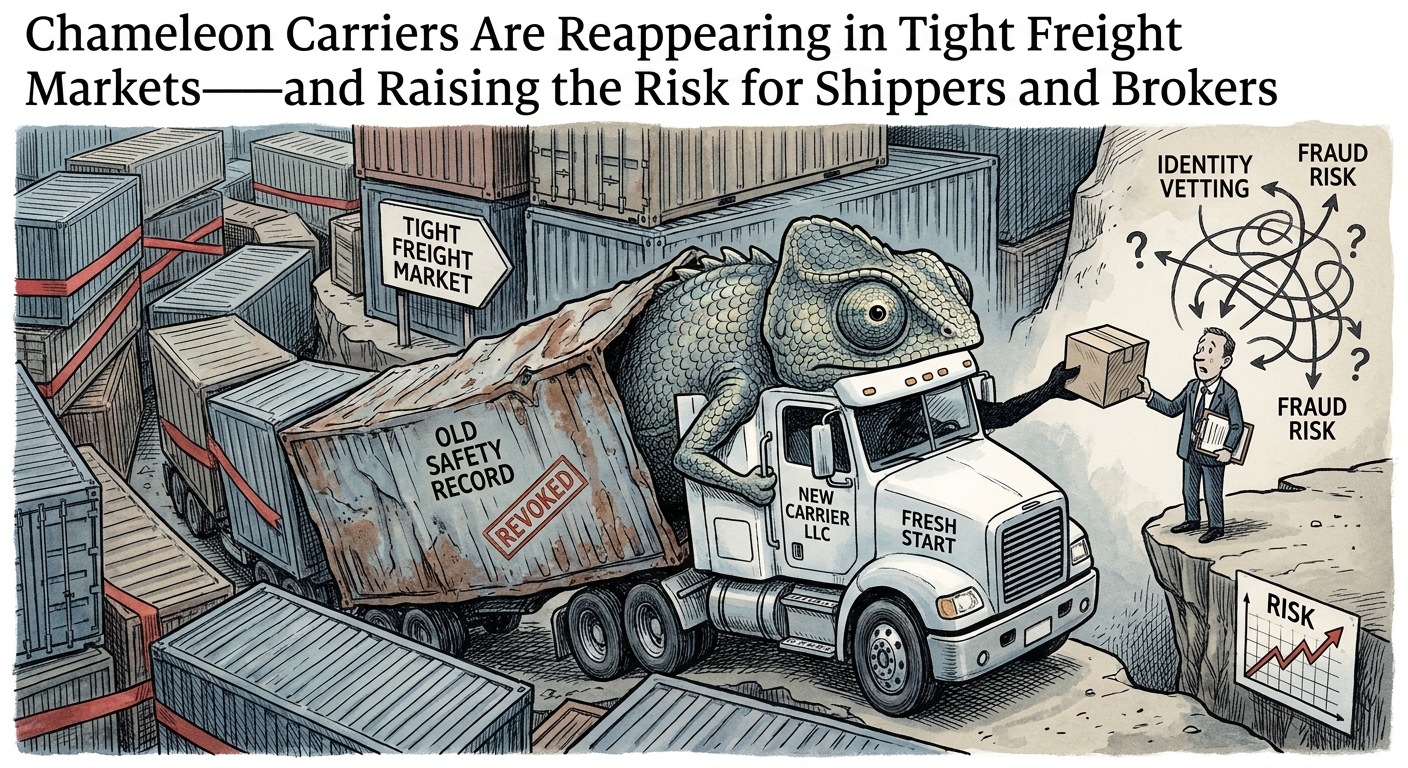 Semi-truck traffic on a highway symbolizing carrier vetting and freight risk