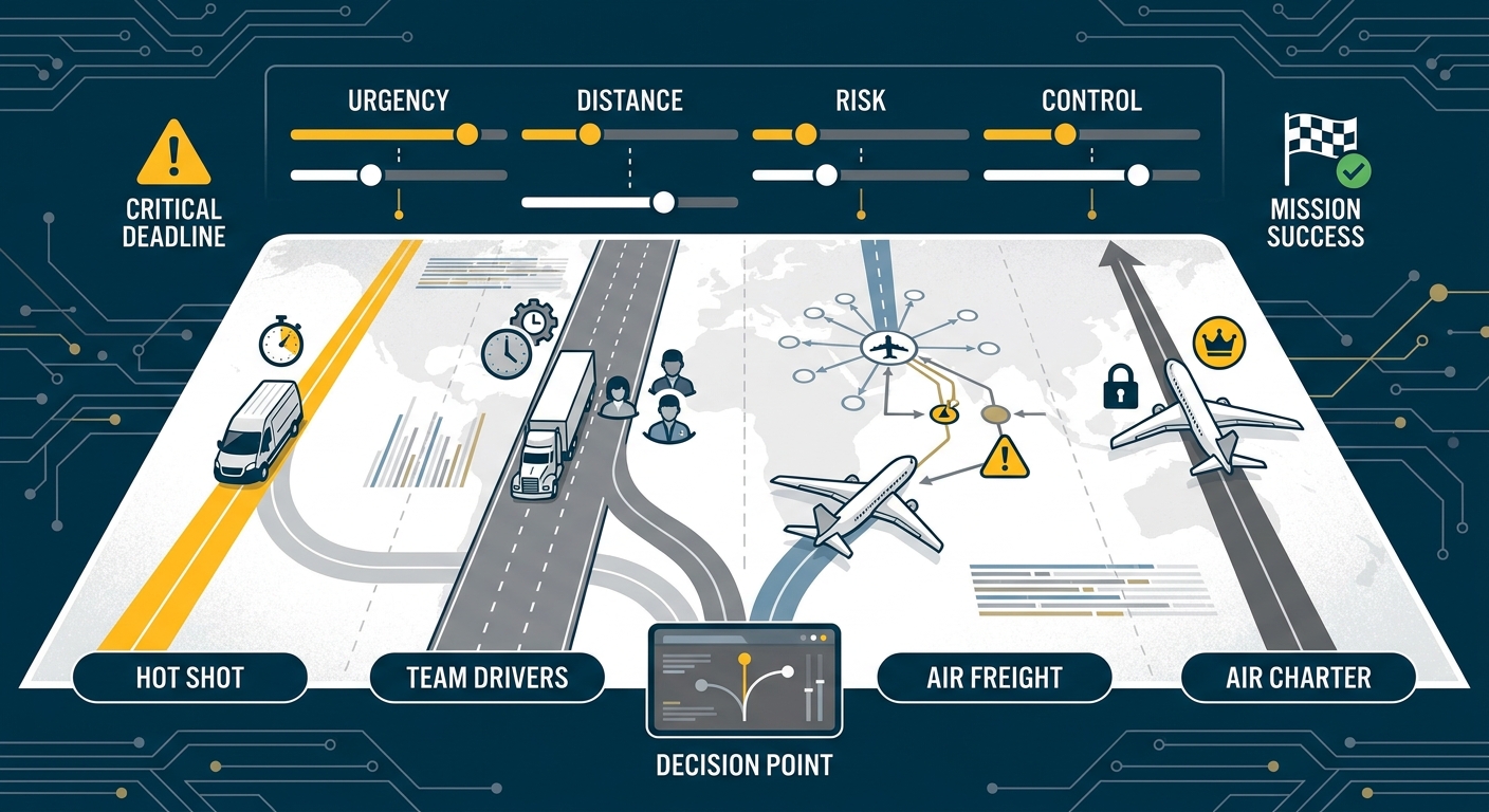 Urgent cargo decision framework comparing hot shot, team drivers, scheduled air freight, and air charter