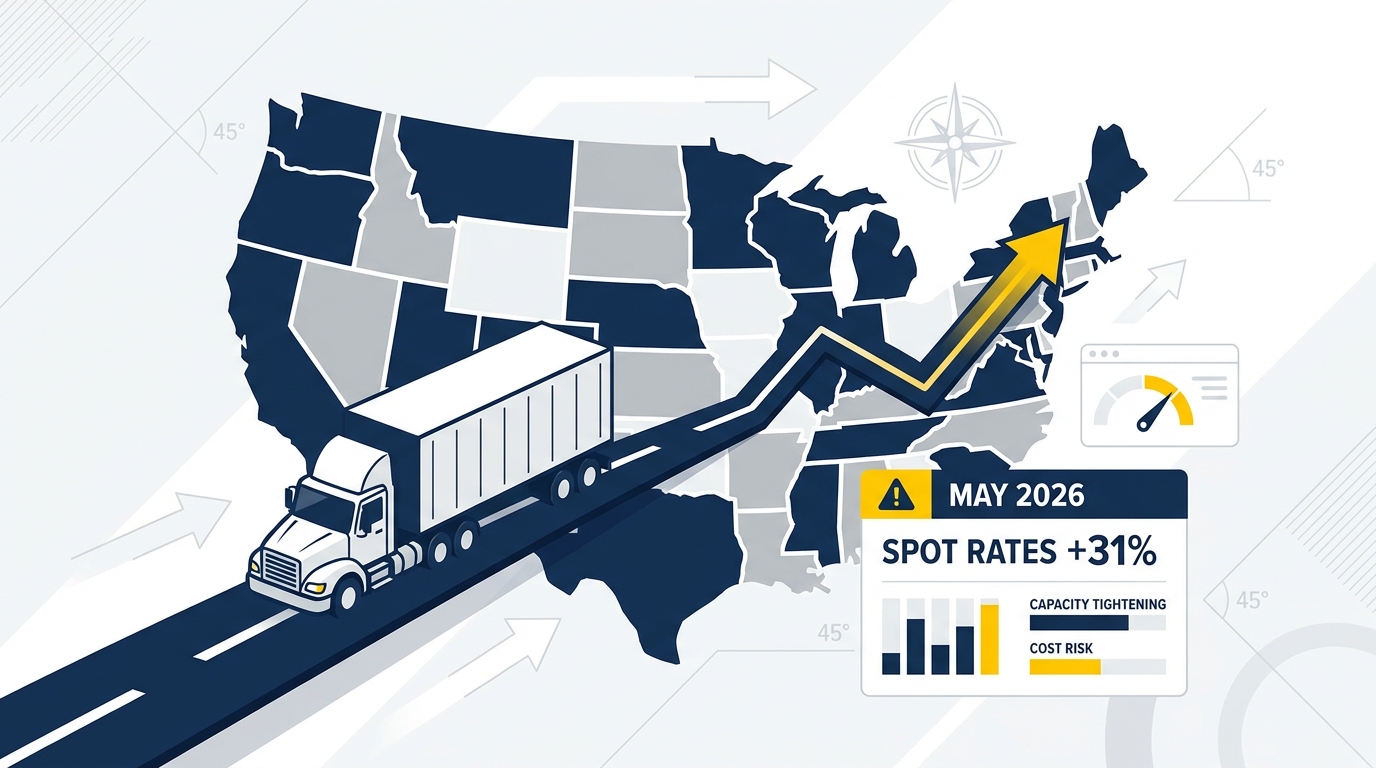 A dry van truck on a U.S. highway, representing rising domestic truckload spot rates and tightening capacity.