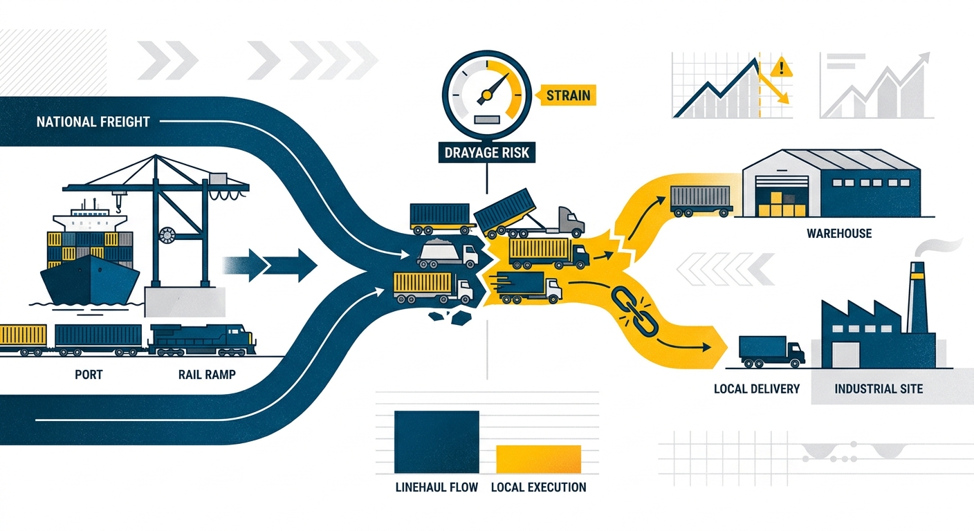 Containers, chassis and dray trucks moving through a port and intermodal rail gateway
