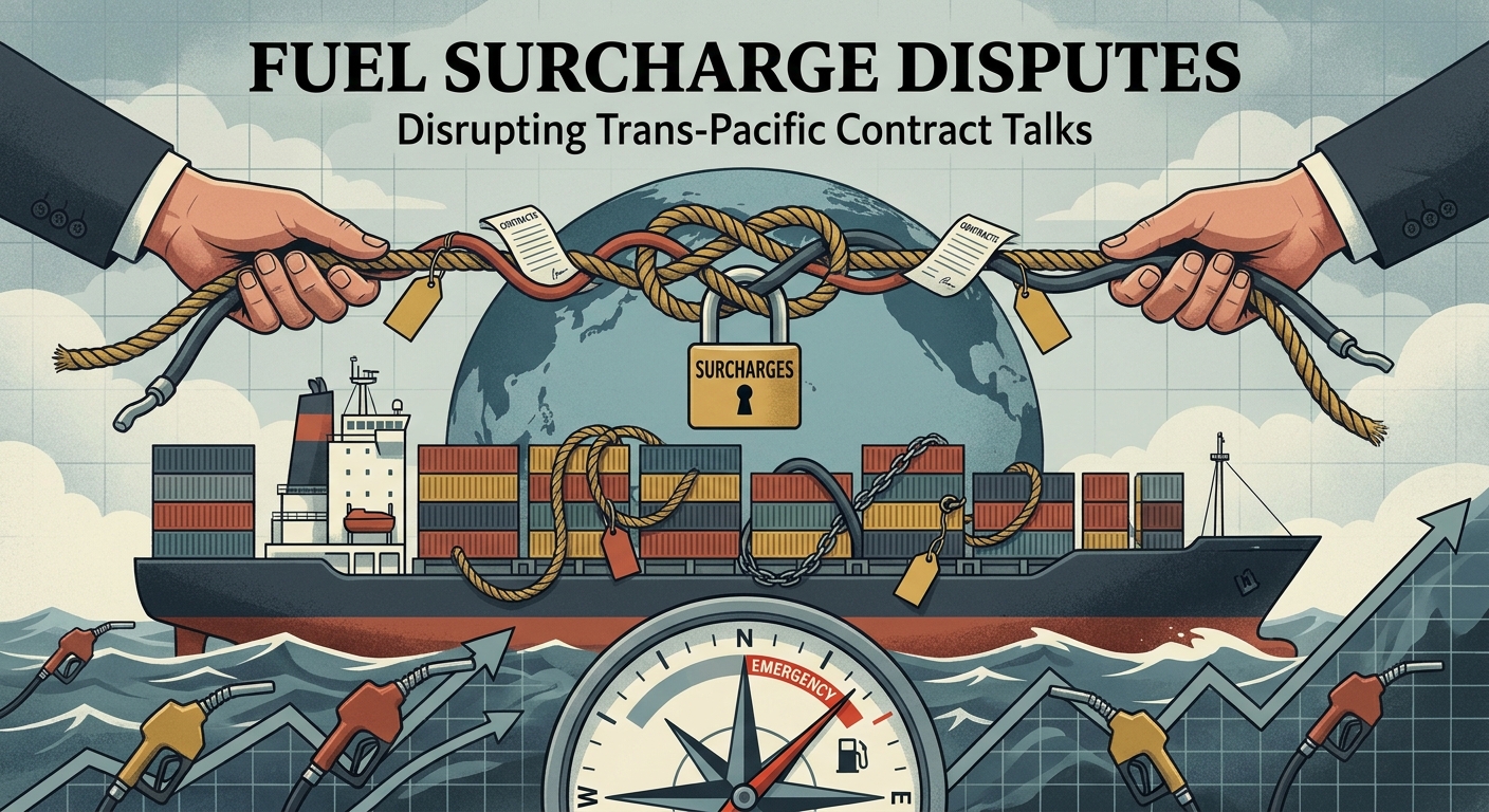 Container ships and stacked boxes at a marine terminal, illustrating trans-Pacific contract-season pricing pressure from fuel surcharges.