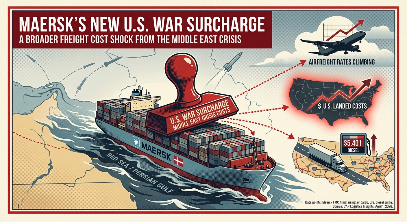 Container ships and air cargo movements reflecting rising freight surcharges during the Middle East crisis