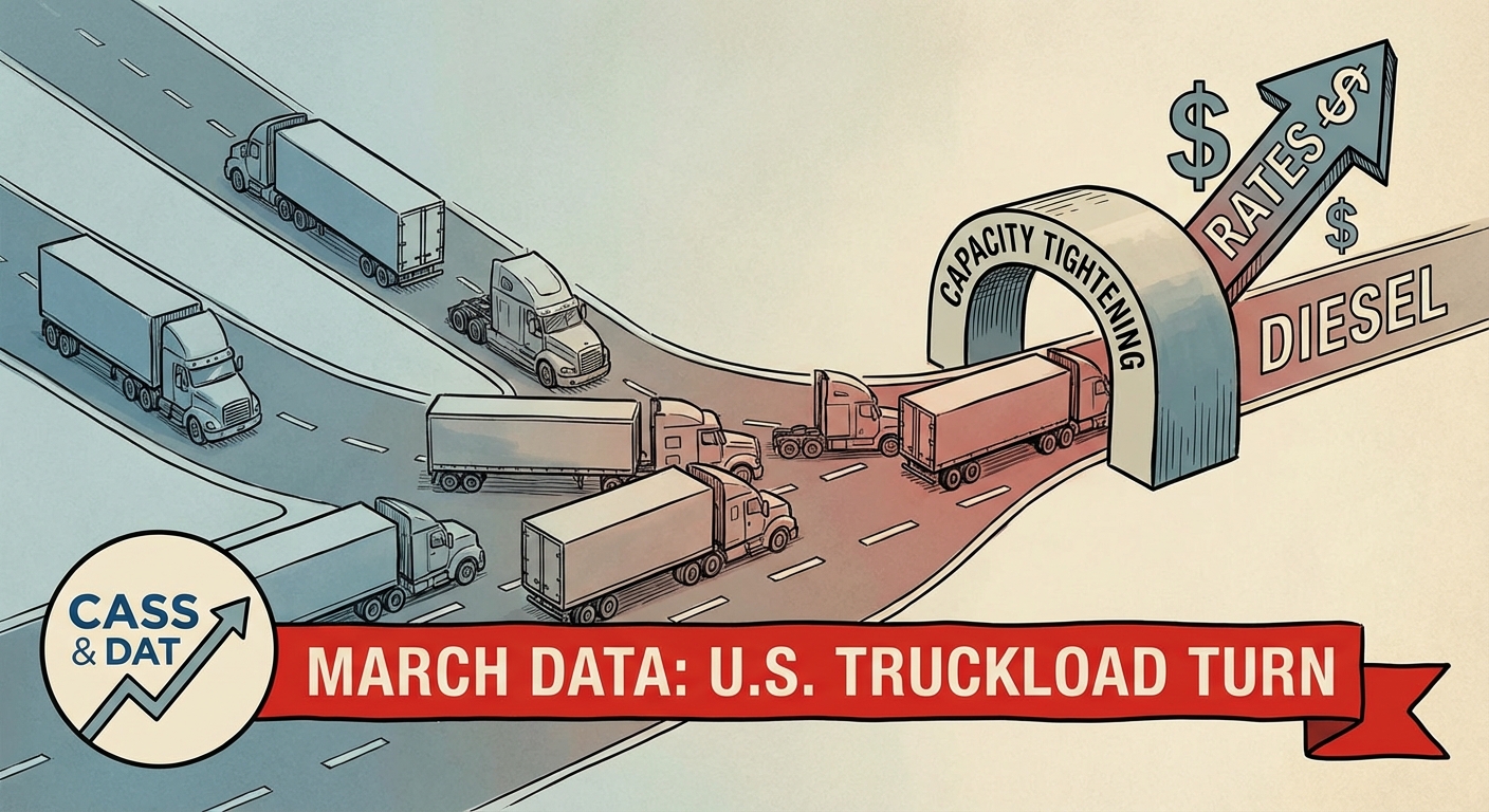 Semi-trucks on a U.S. highway as freight market data points to tighter truckload capacity in March 2026