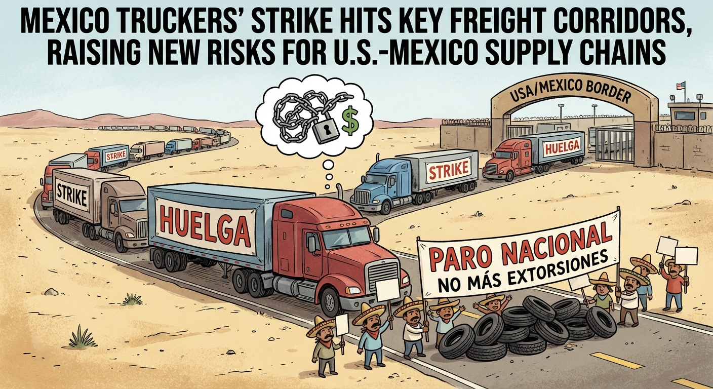Commercial trucks queue on a U.S.-Mexico border freight corridor amid disruption concerns