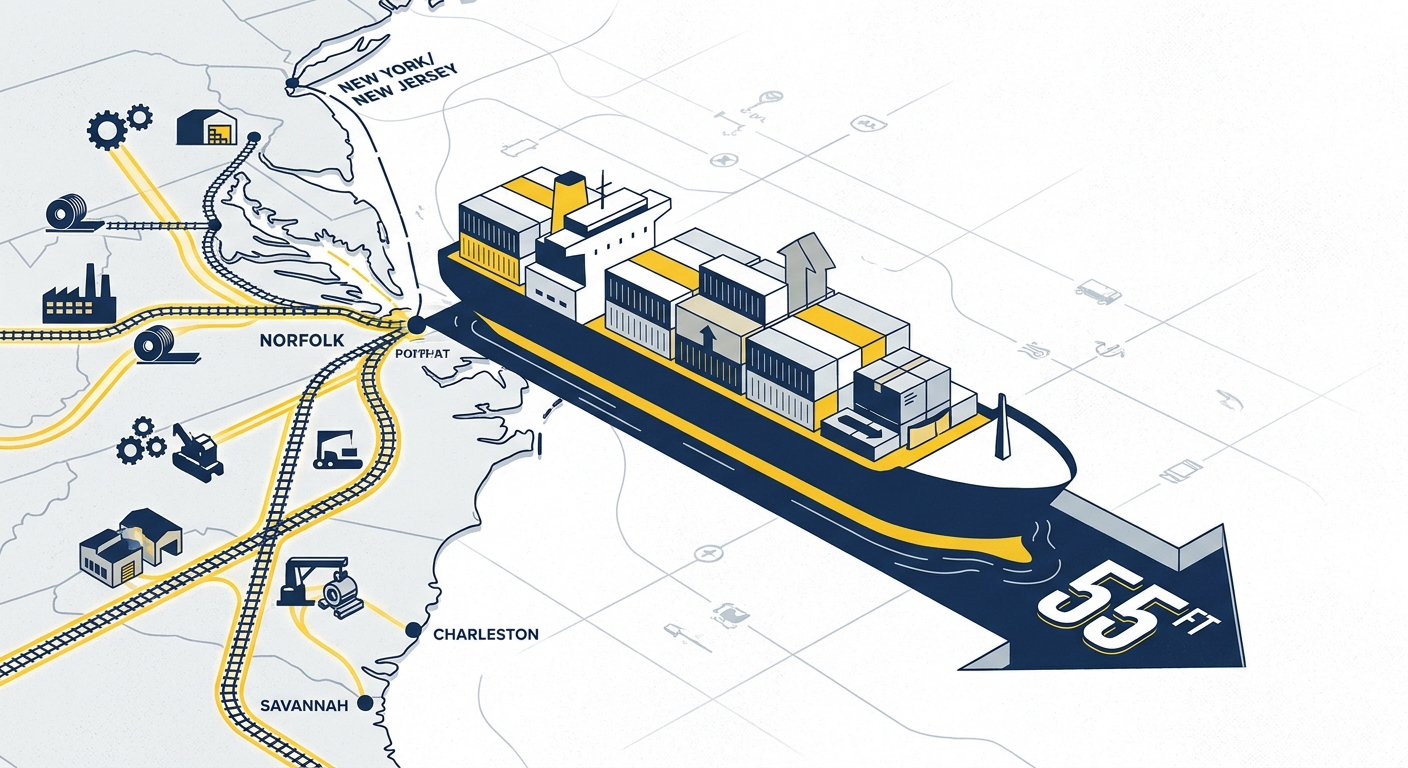 Container cranes and vessels at the Port of Virginia in Norfolk after completion of the 55-foot harbor deepening project