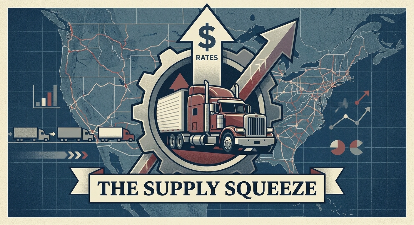 Trucks moving through a freight corridor as North American truckload capacity tightens in Q2 2026