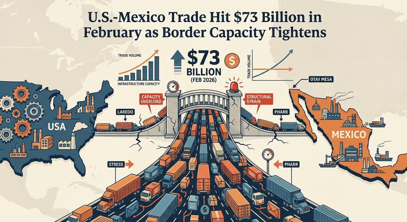Commercial trucks queue at a busy U.S.-Mexico border crossing as cross-border trade volumes remain elevated.