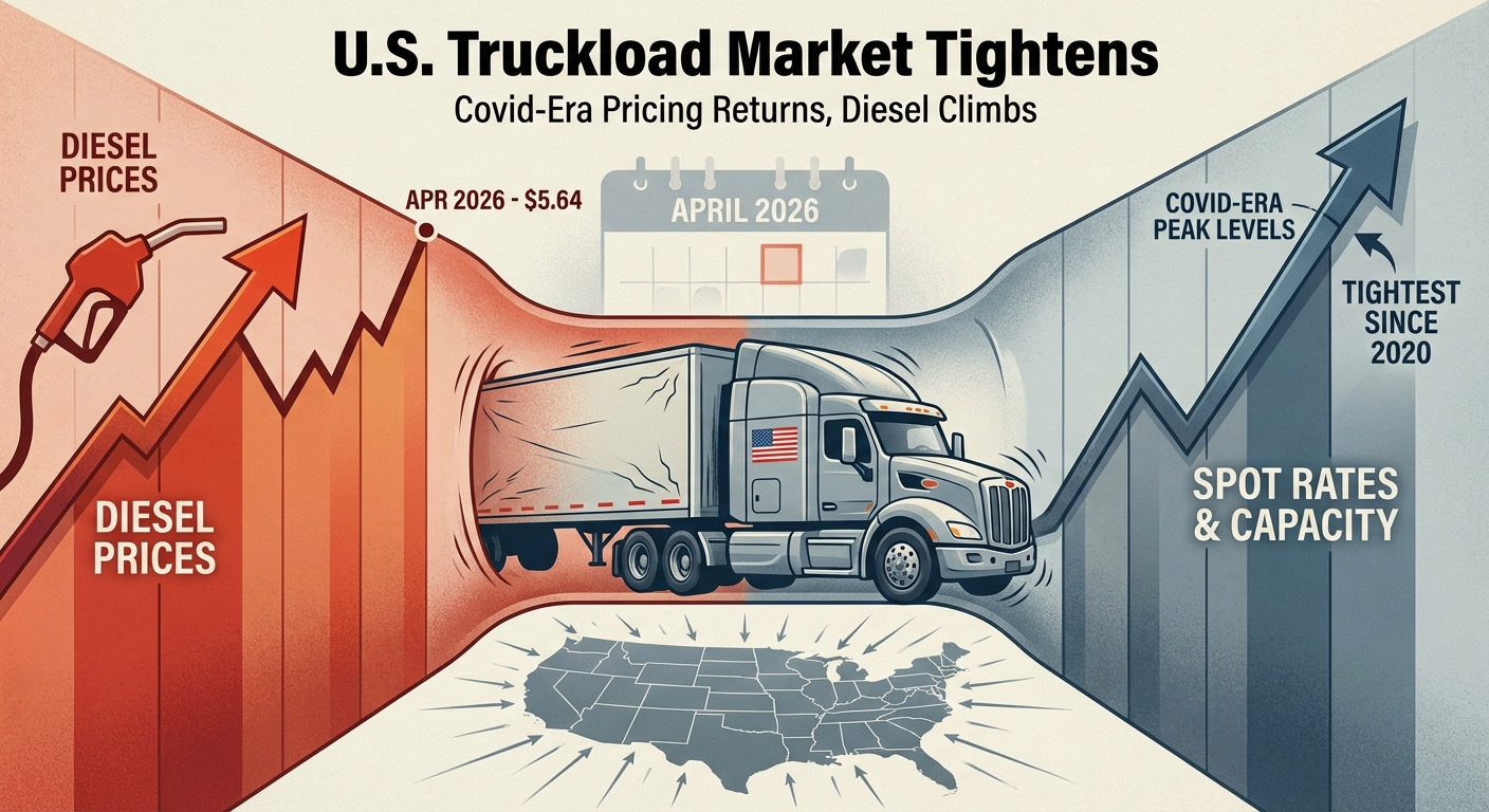 Semi trucks on a U.S. highway as diesel prices and truckload rates rise