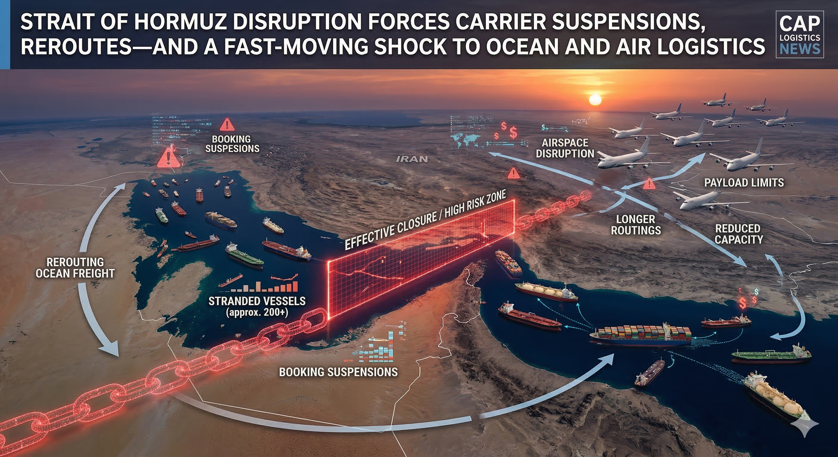 Container vessel at sea with shipping lanes overlay