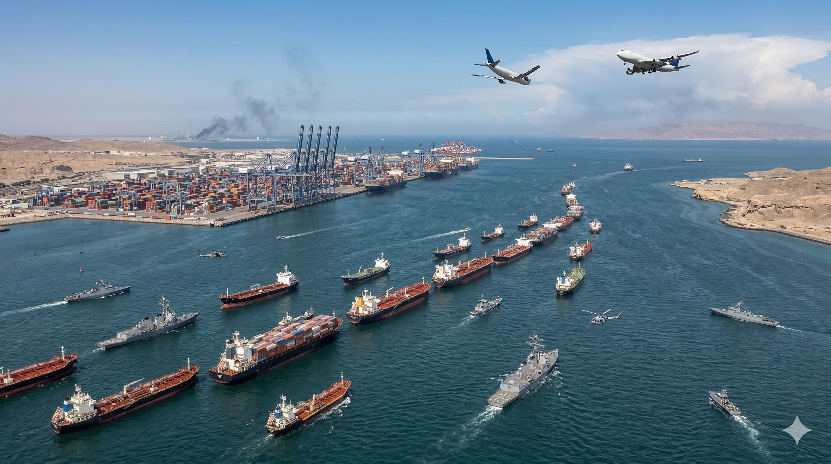 Container vessel at anchor with port cranes in the distance