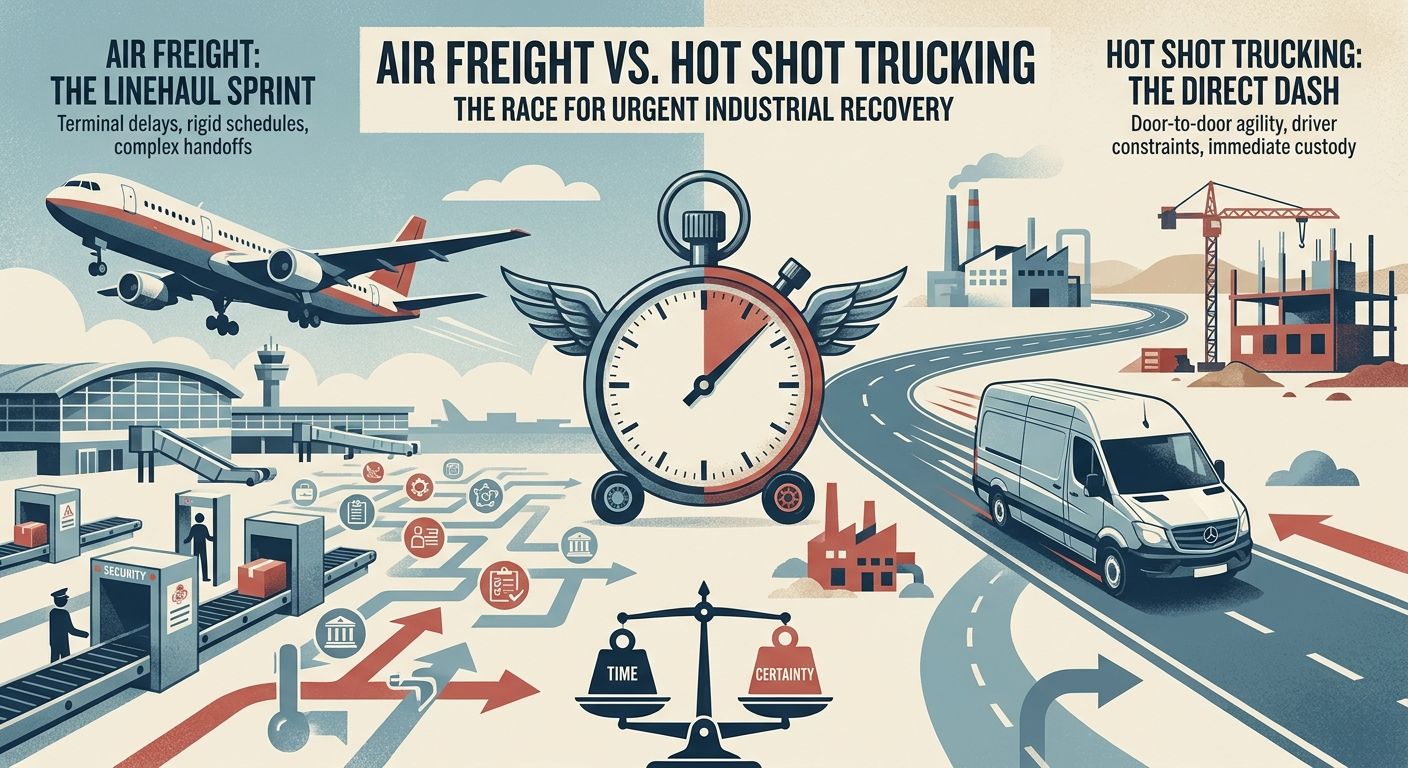Cargo aircraft on an airport ramp beside an expedited pickup truck used for urgent industrial freight decisions