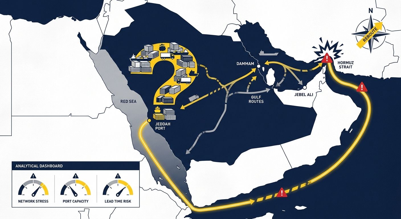 Cargo vessels and container traffic linked to Middle East trade routes near the Red Sea and Strait of Hormuz