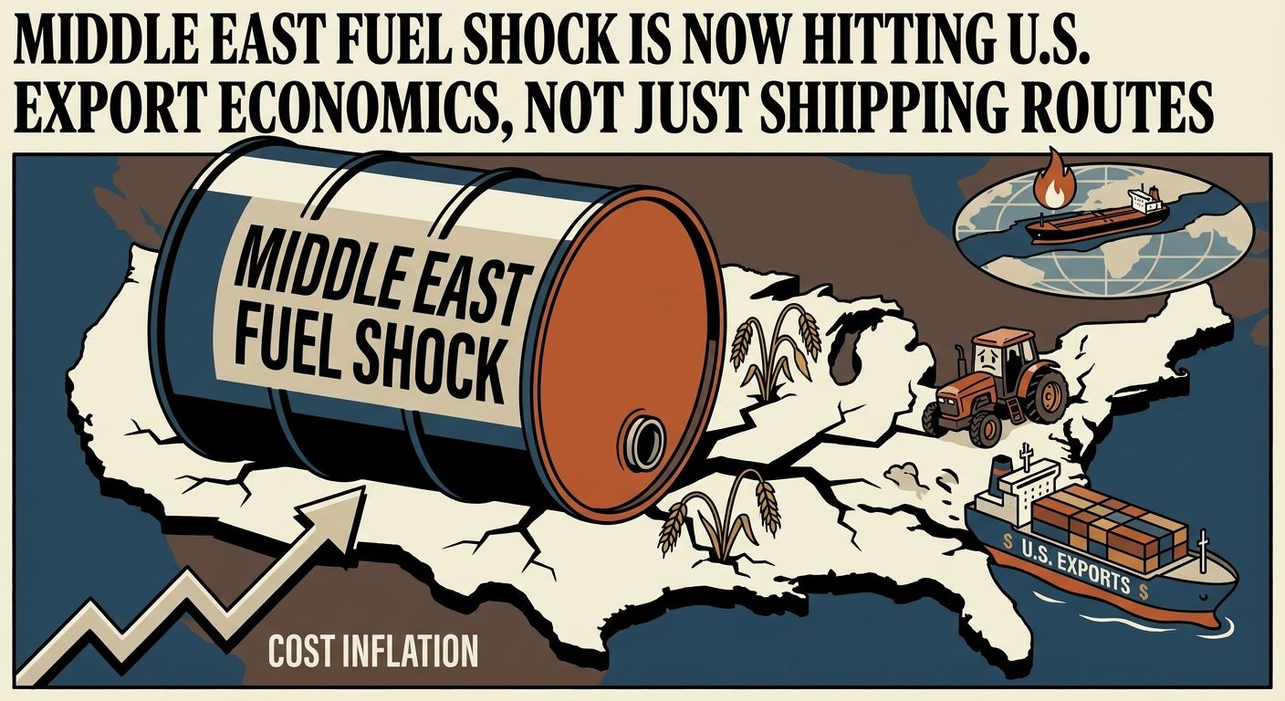 Container ships and grain export logistics under fuel-cost pressure from Middle East disruption