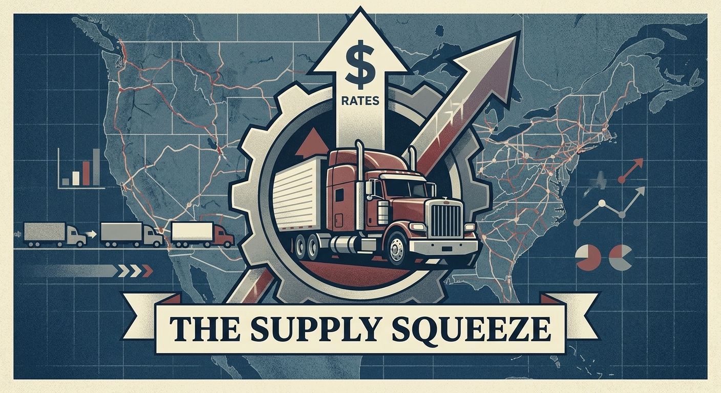 Trucks moving through a freight corridor as North American truckload capacity tightens in Q2 2026