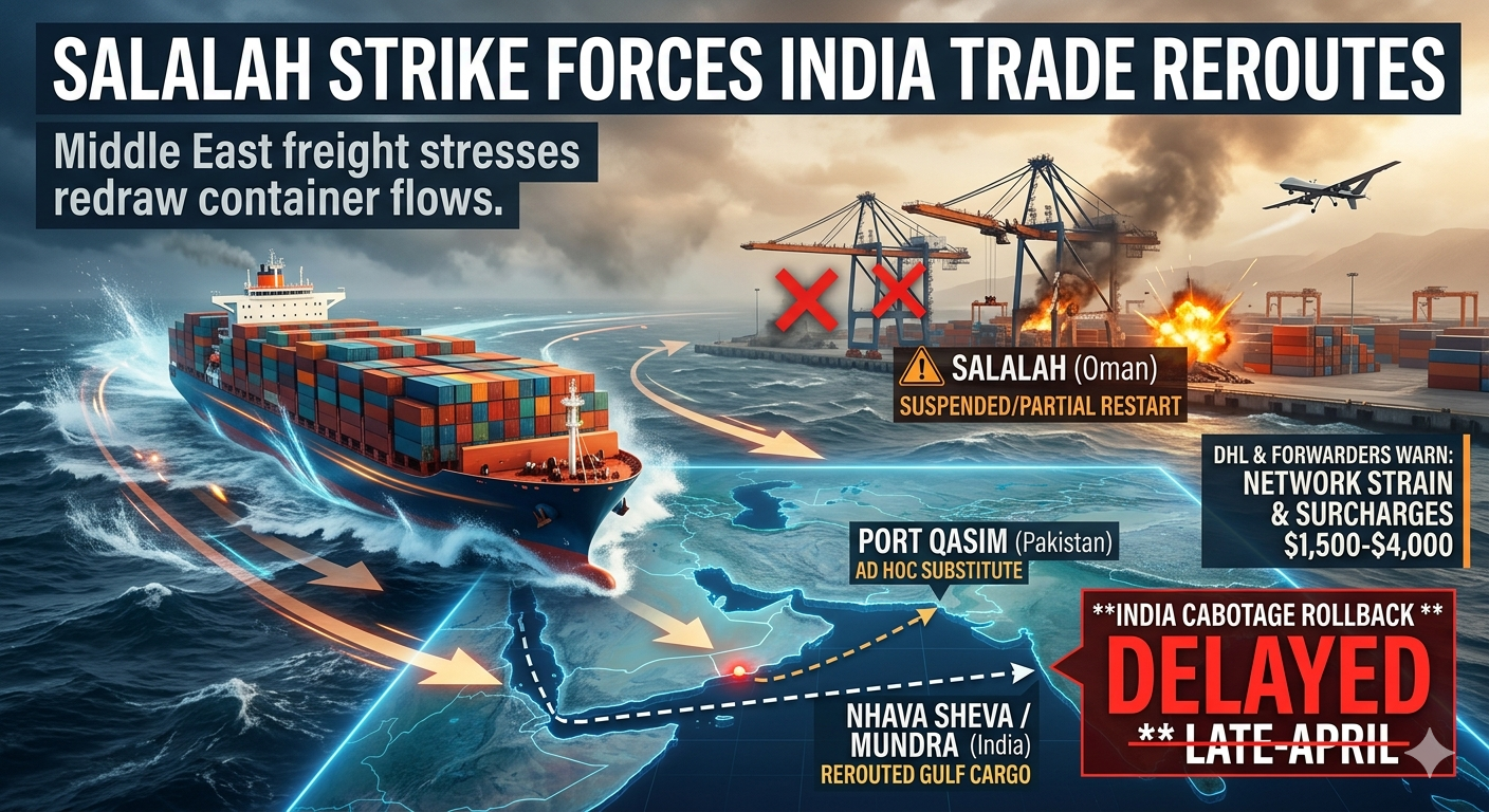 Container ships and cranes at a major transshipment port as India-Gulf routings are reconfigured after the Salalah disruption
