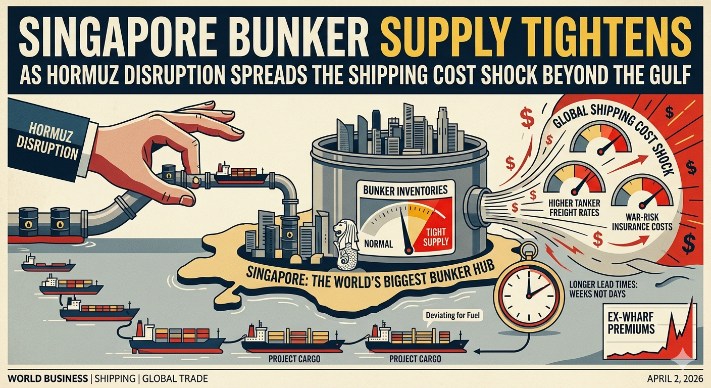 Bunker barges and oceangoing vessels off Singapore as marine fuel supply tightens amid Strait of Hormuz disruption