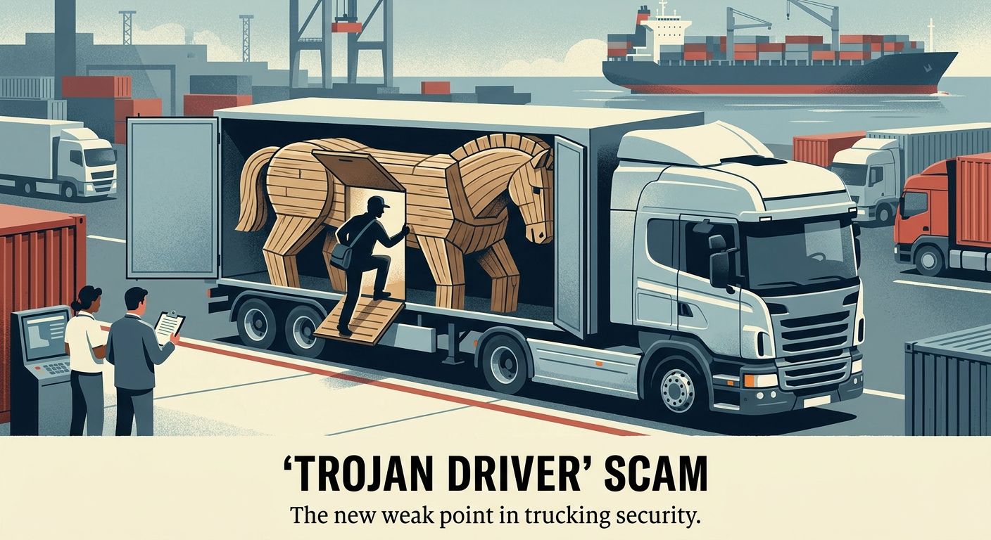 A commercial truck at a shipping facility, representing driver-level freight security and cargo theft risk.