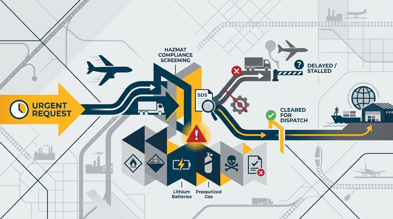 Industrial maintenance shipment with hazardous materials paperwork and packaged components ready for expedited transport