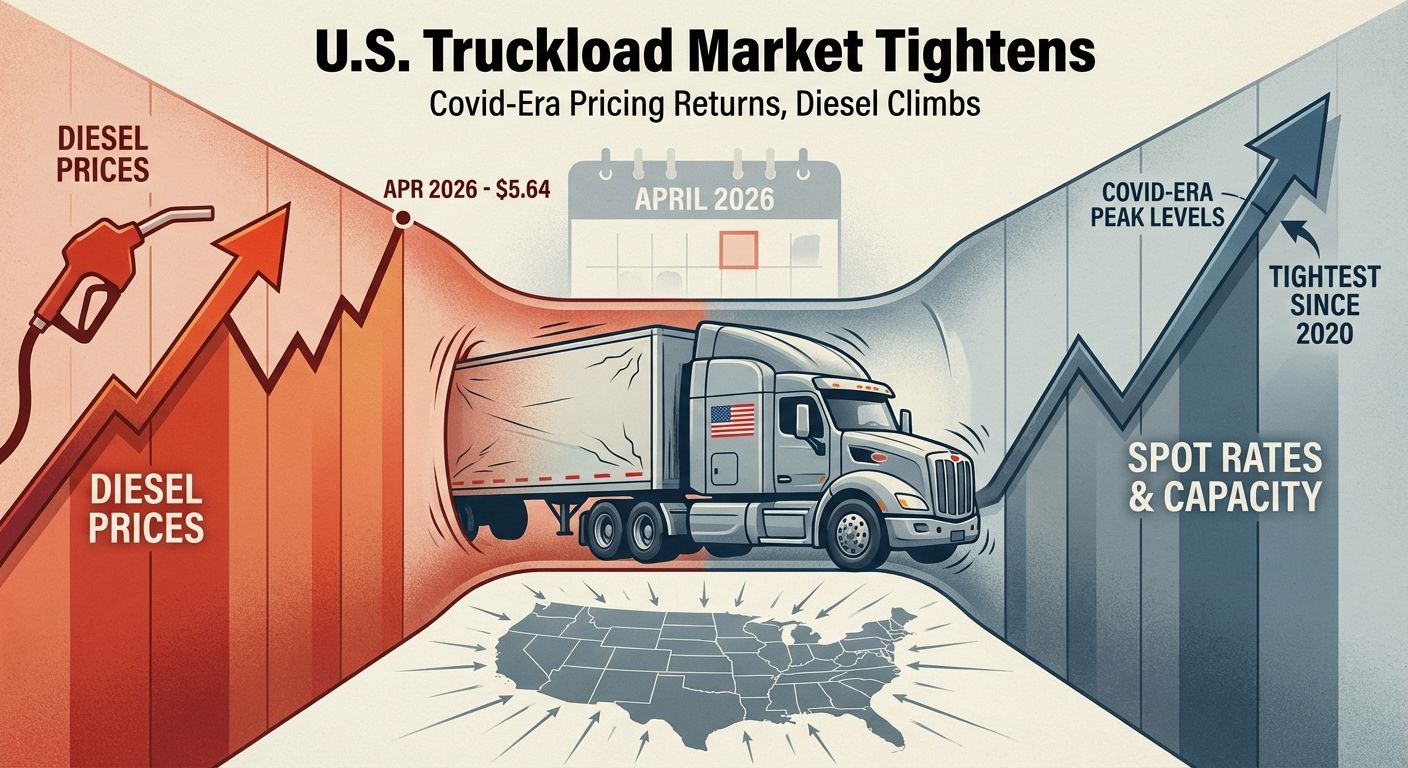 Semi trucks on a U.S. highway as diesel prices and truckload rates rise